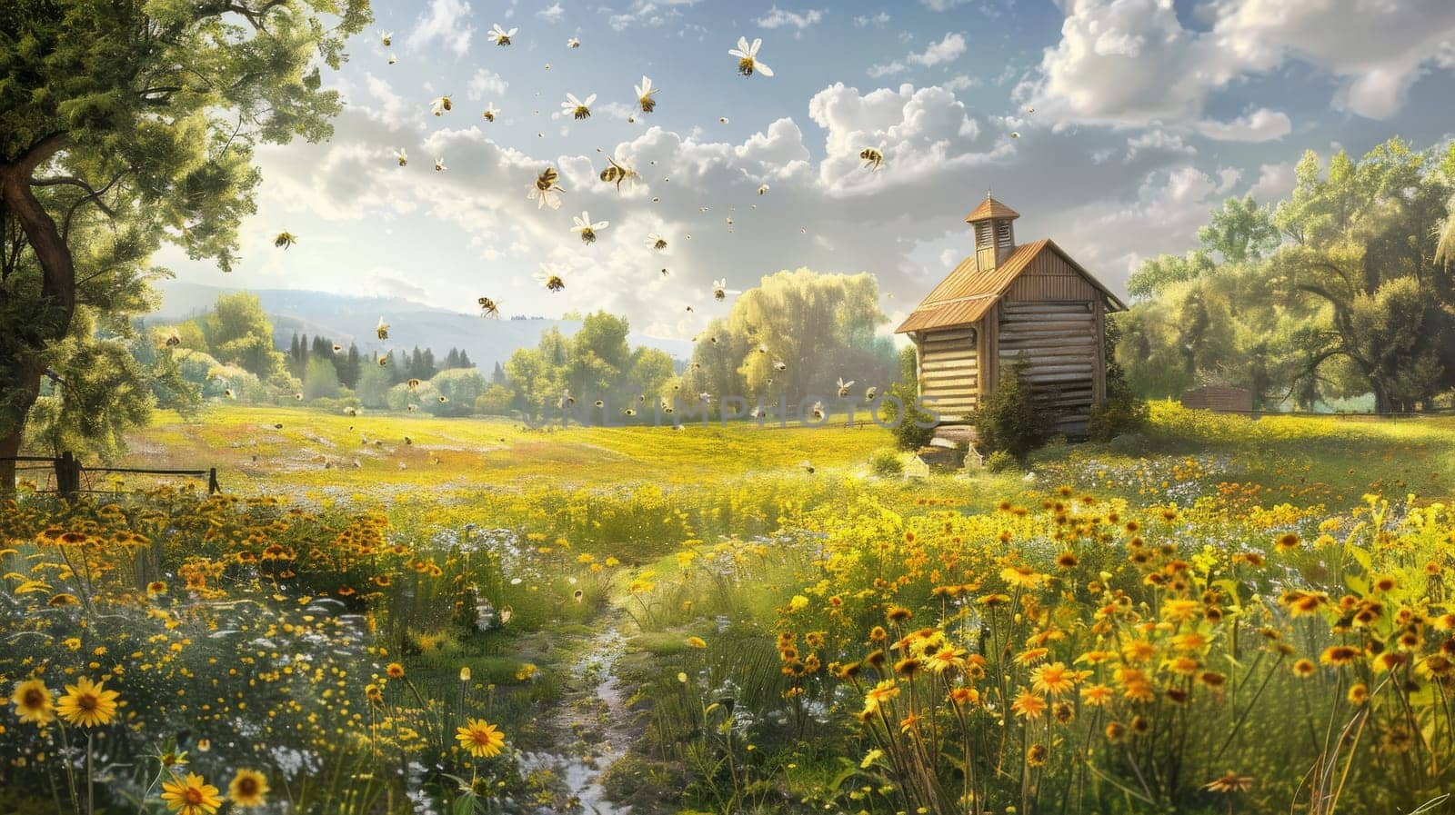 Bees in the meadow and apiary. Selective focus. Generative AI, nature