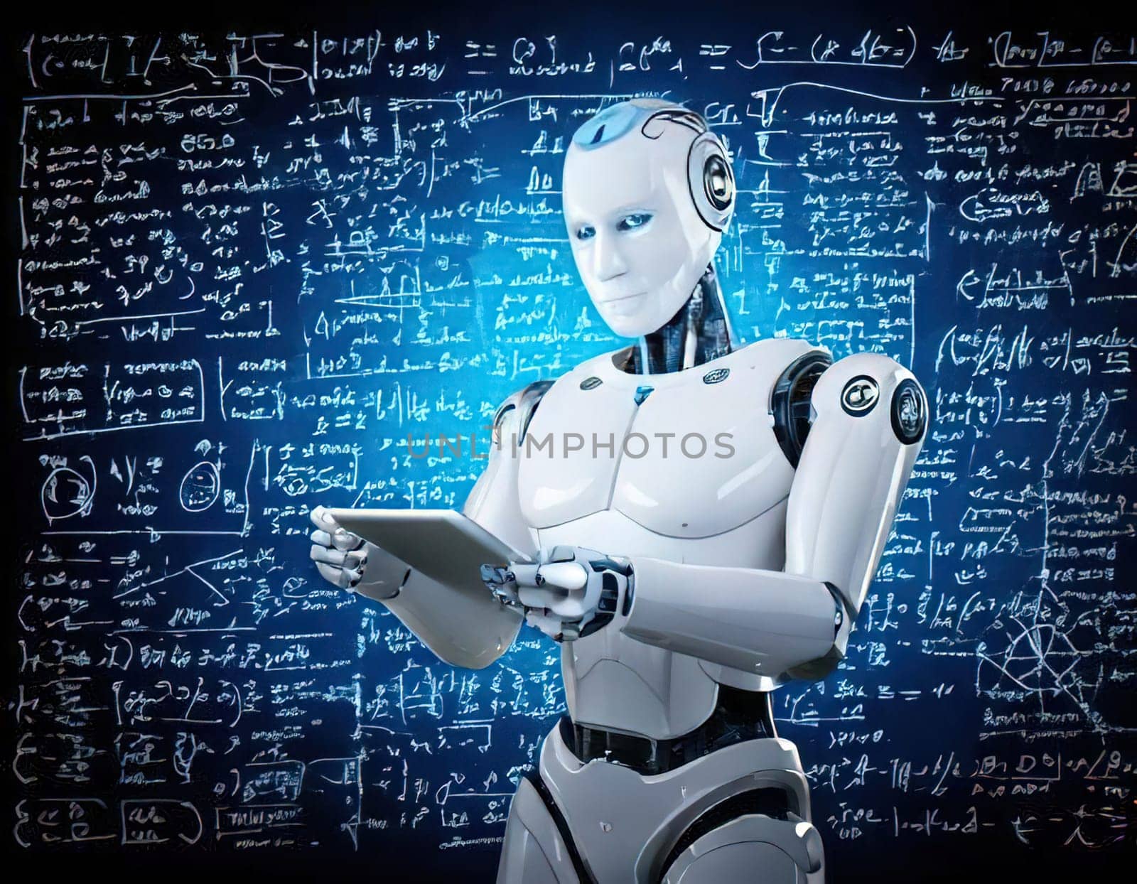 AI's Endless Pursuit of Knowledge.A humanoid robot, surrounded by complex mathematical equations and symbols, is engrossed in a tablet. This captivating image symbolizes AI's insatiable thirst for knowledge and its relentless exploration of the vast universe of information. The robot's focused gaze and the intricate patterns on the tablet hint at the depth and complexity of its intellectual pursuits.