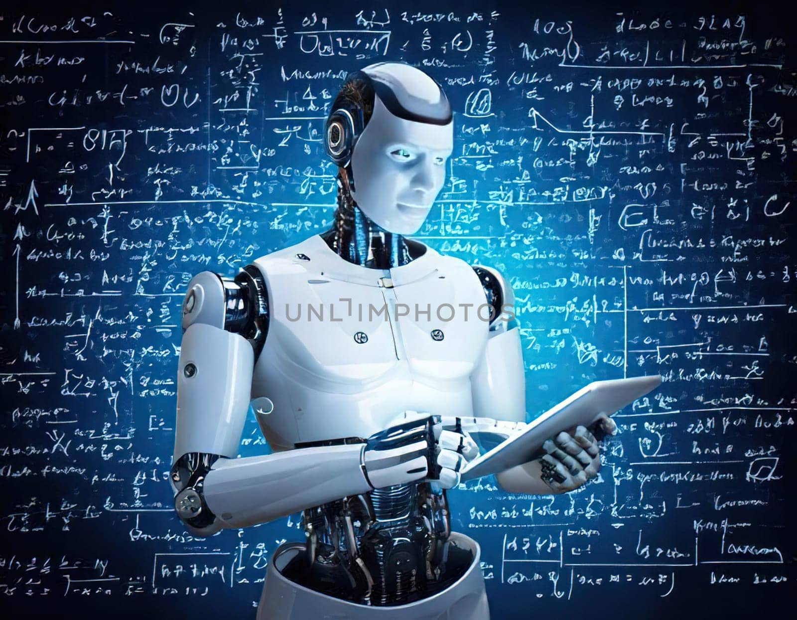 AI's Endless Pursuit of Knowledge.A humanoid robot, surrounded by complex mathematical equations and symbols, is engrossed in a tablet. This captivating image symbolizes AI's insatiable thirst for knowledge and its relentless exploration of the vast universe of information. The robot's focused gaze and the intricate patterns on the tablet hint at the depth and complexity of its intellectual pursuits.