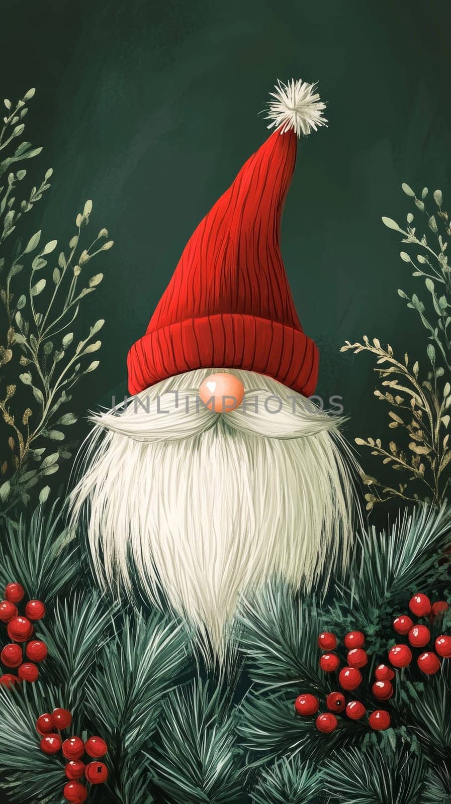 Christmas gnome with red hat surrounded by pine branches and berries, holiday decoration. Winter festive concept.