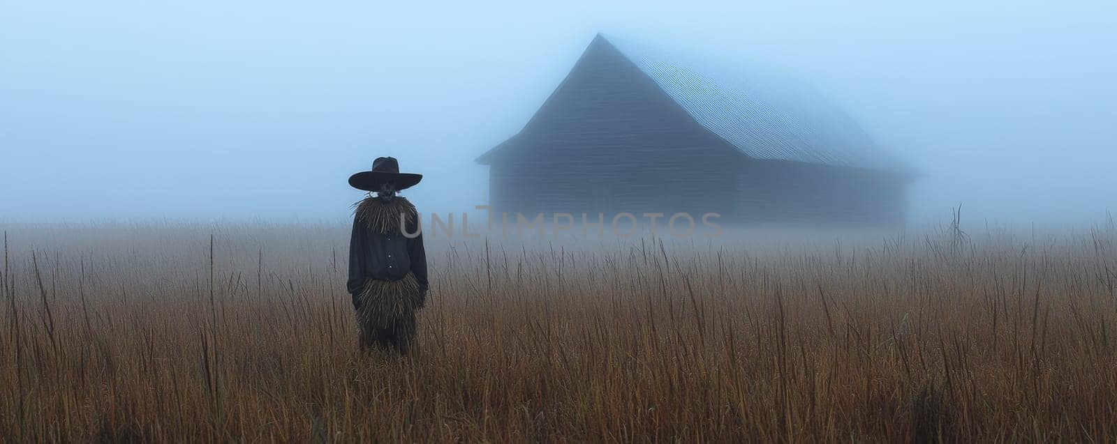 lonely scarecrow in foggy field with barn in background.