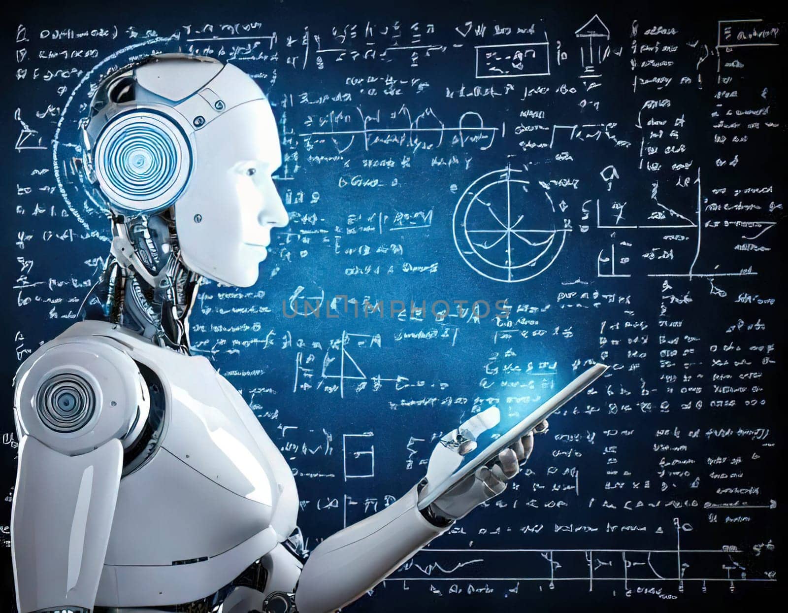 AI's Endless Pursuit of Knowledge.A humanoid robot, surrounded by complex mathematical equations and symbols, is engrossed in a tablet. This captivating image symbolizes AI's insatiable thirst for knowledge and its relentless exploration of the vast universe of information. The robot's focused gaze and the intricate patterns on the tablet hint at the depth and complexity of its intellectual pursuits.