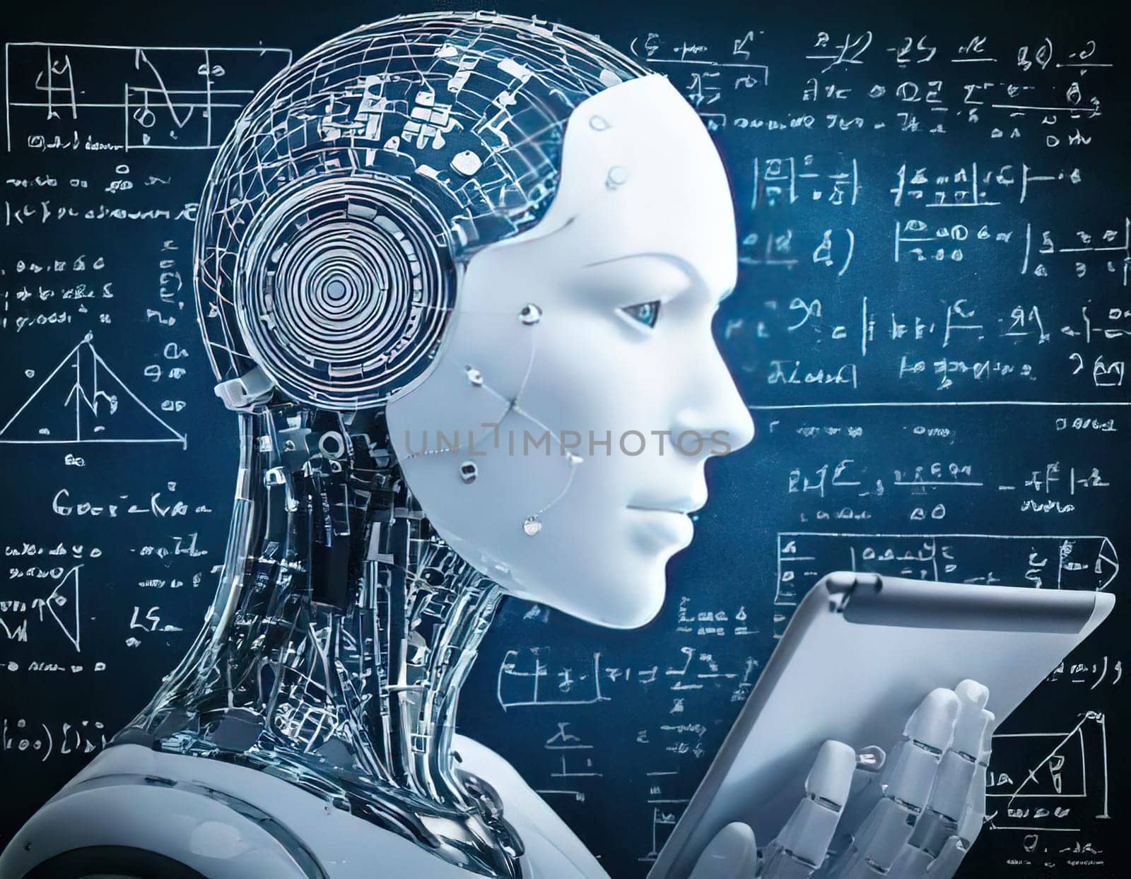 AI's Endless Pursuit of Knowledge.A humanoid robot, surrounded by complex mathematical equations and symbols, is engrossed in a tablet. This captivating image symbolizes AI's insatiable thirst for knowledge and its relentless exploration of the vast universe of information. The robot's focused gaze and the intricate patterns on the tablet hint at the depth and complexity of its intellectual pursuits.