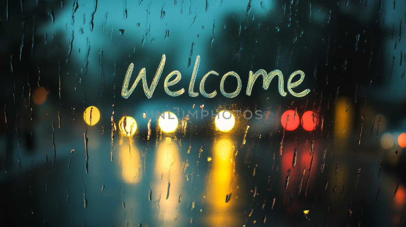 Raindrops on glass with welcome text, bokeh background. Hospitality and invitation concept.