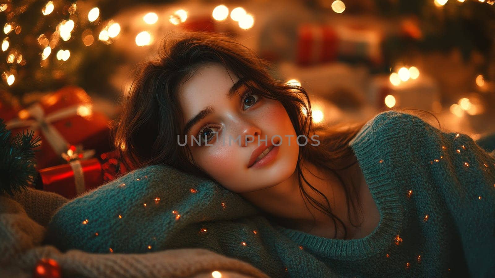Woman in cozy sweater with christmas lights, festive holiday portrait.