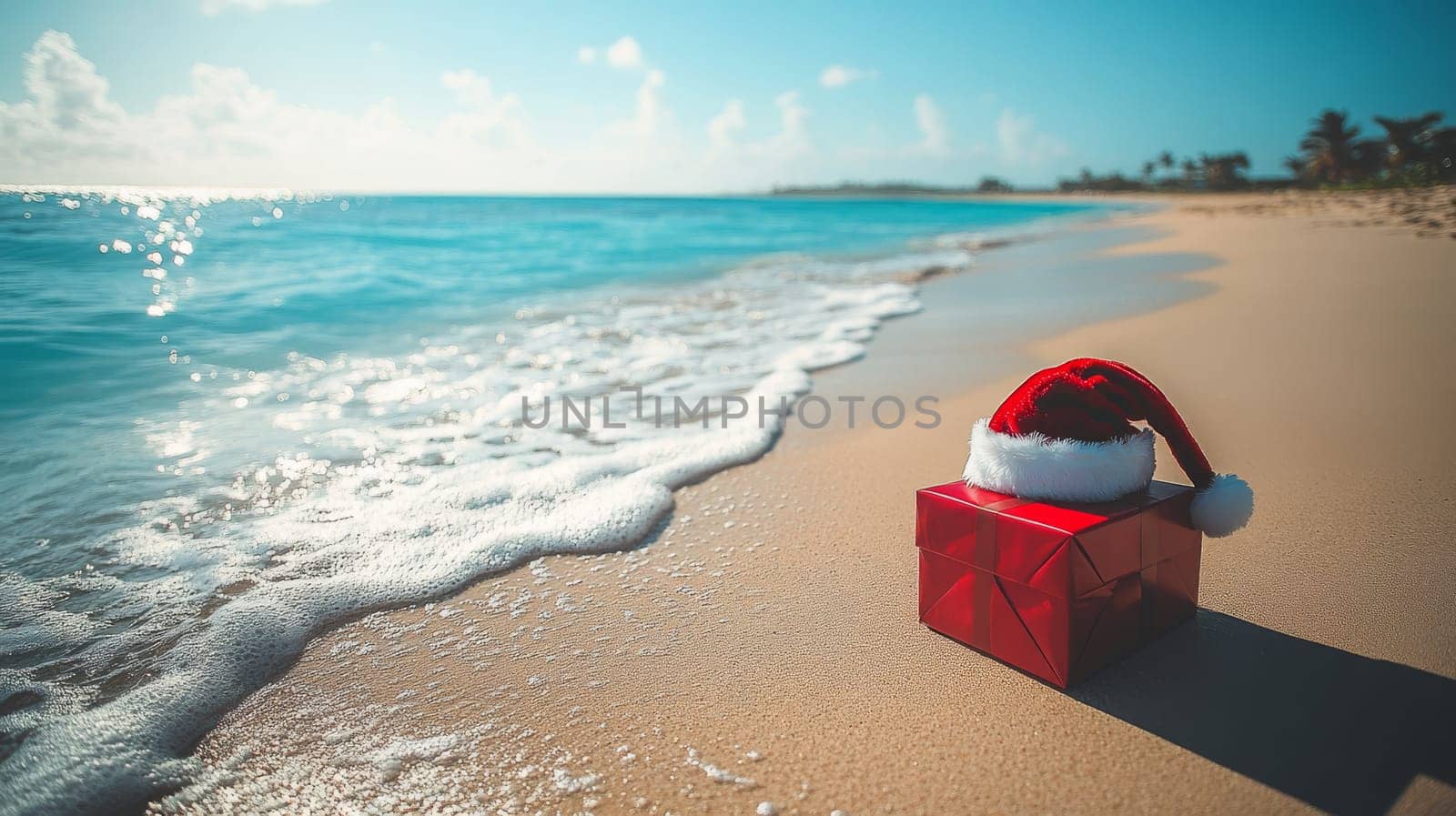Christmas gift with Santa hat on tropical beach, holiday concept.