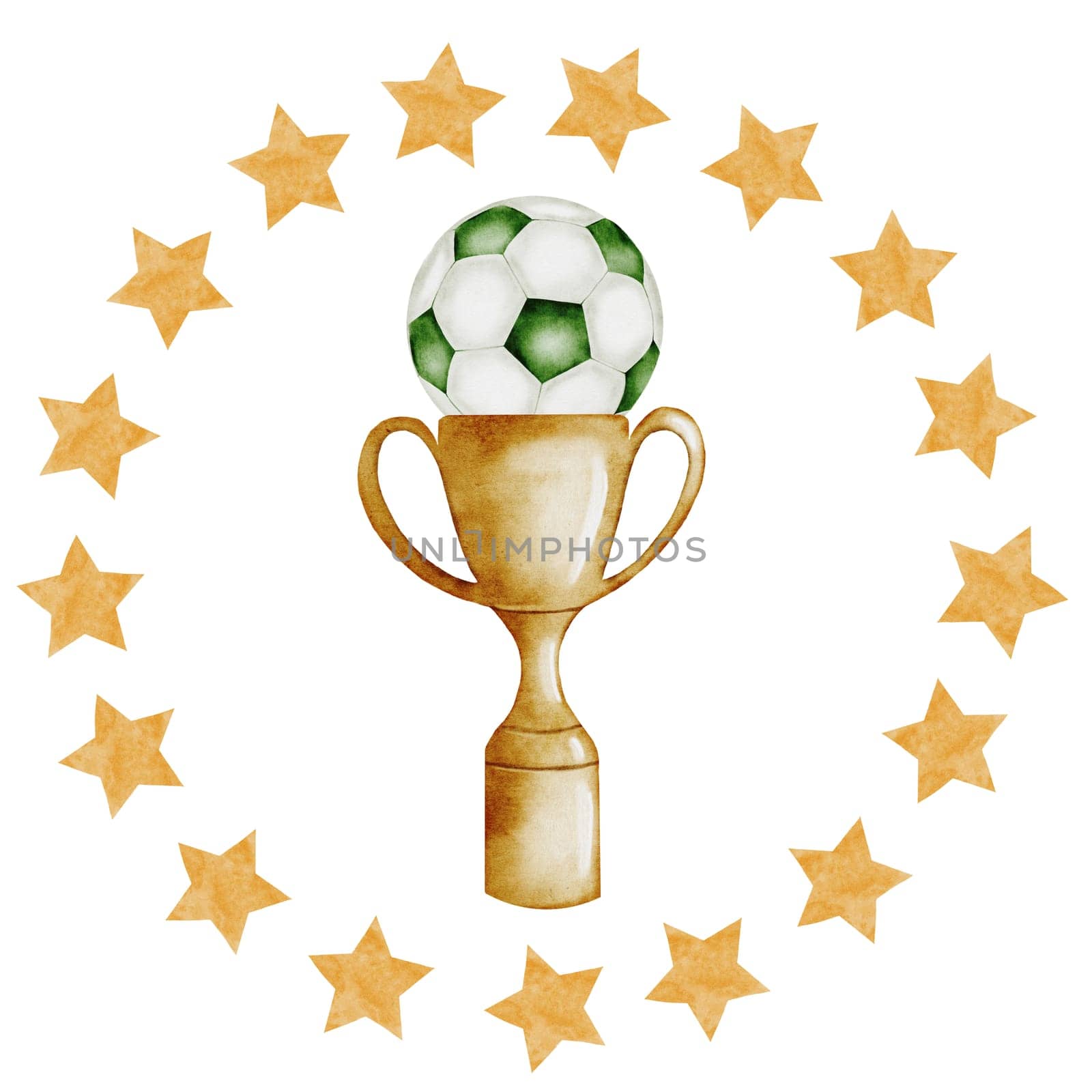 Football Watercolor. Hand drawn composition of a trophy cup, soccer ball, round frame of stars. Clip art of championship equipment on isolated white background. Ideal for posters, flyers and game posters. High quality illustration