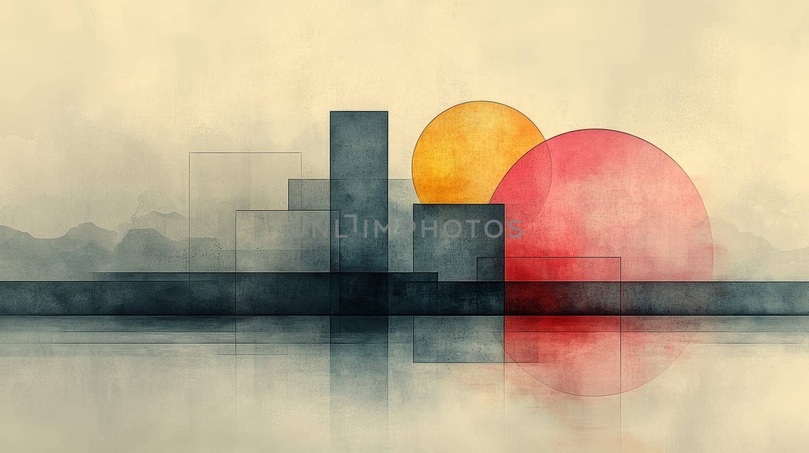 Abstract geometric landscape with sun and moon reflections.