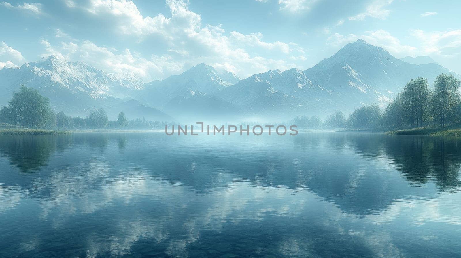 Mountain lake with reflections and misty mountains, tranquil morning. Nature and serenity concept.