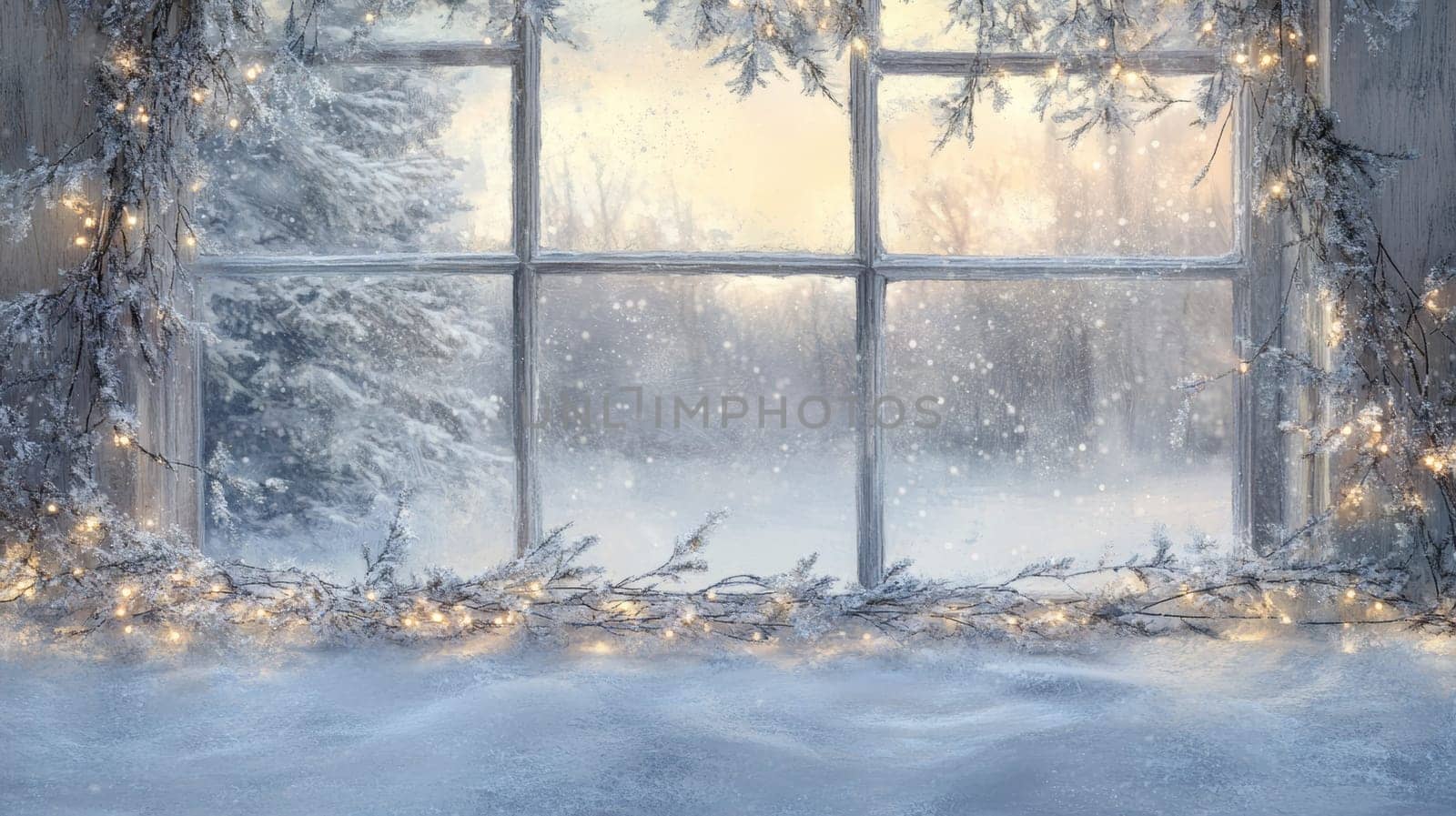 Winter landscape with snow-covered window and fairy lights, serene holiday atmosphere.