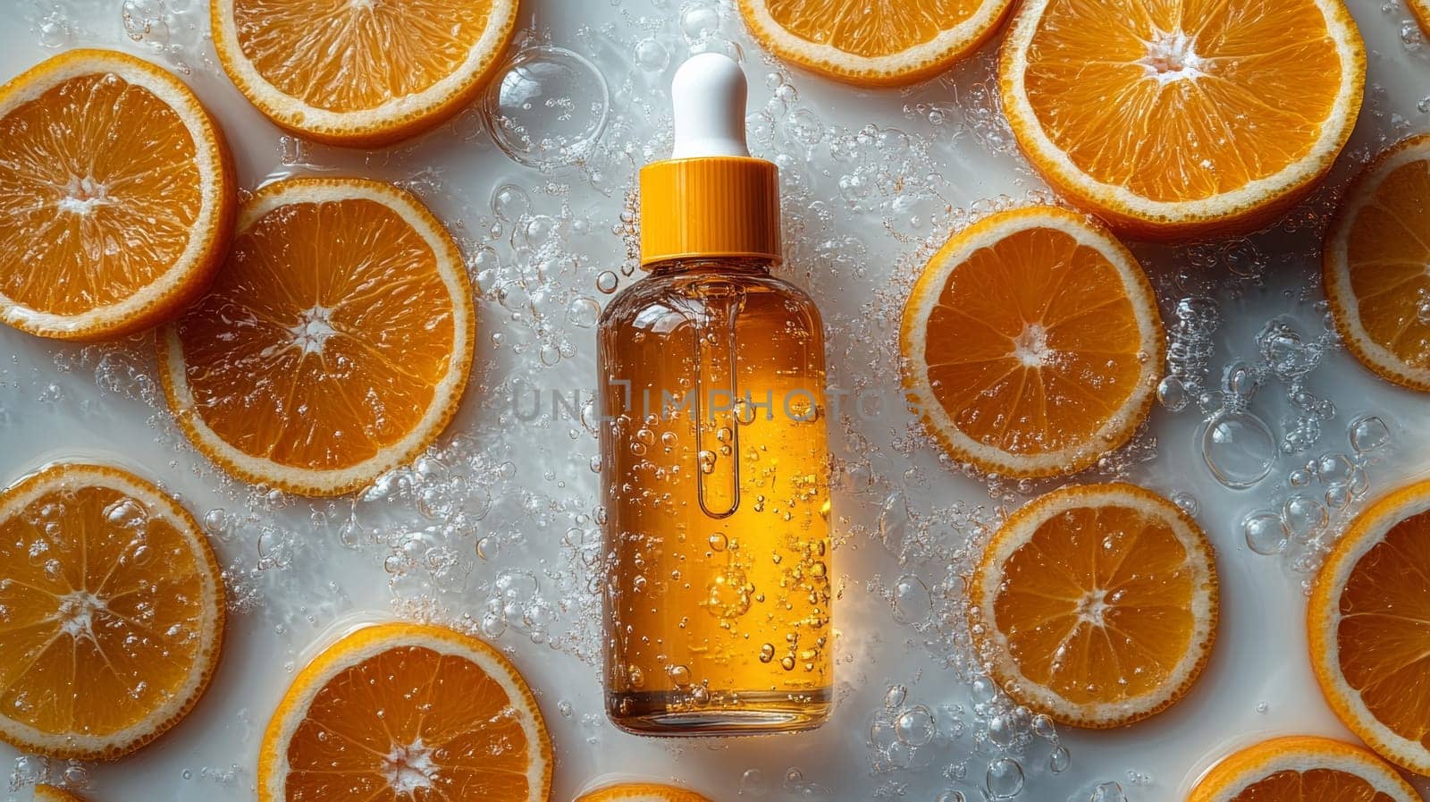 Orange essential oil, serum bottle surrounded by fresh orange slices, rejuvenating skincare concept.
