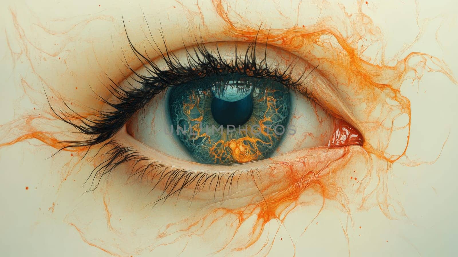 Close-up of a blue eye with orange abstract texture, surreal art concept.