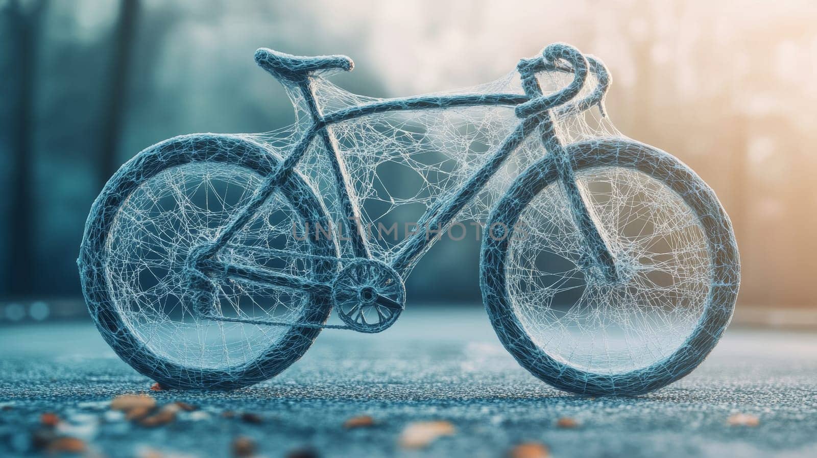 Bicycle covered in spider webs on a road, artistic concept.