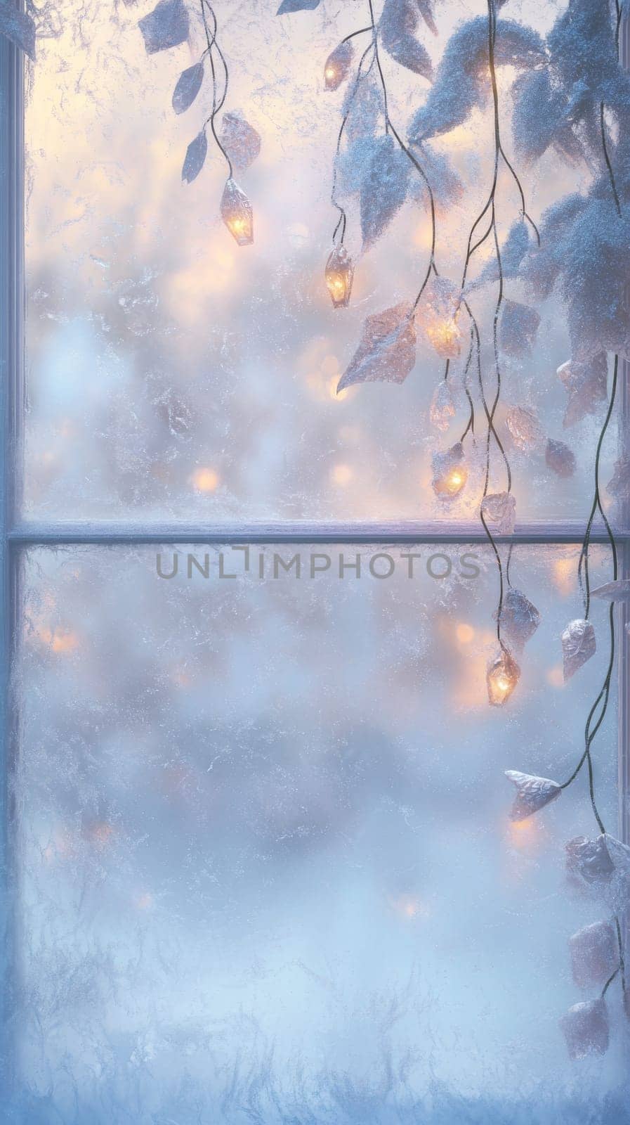 Frosty window with warm glowing lights, winter ambiance. Cozy and serene concept.