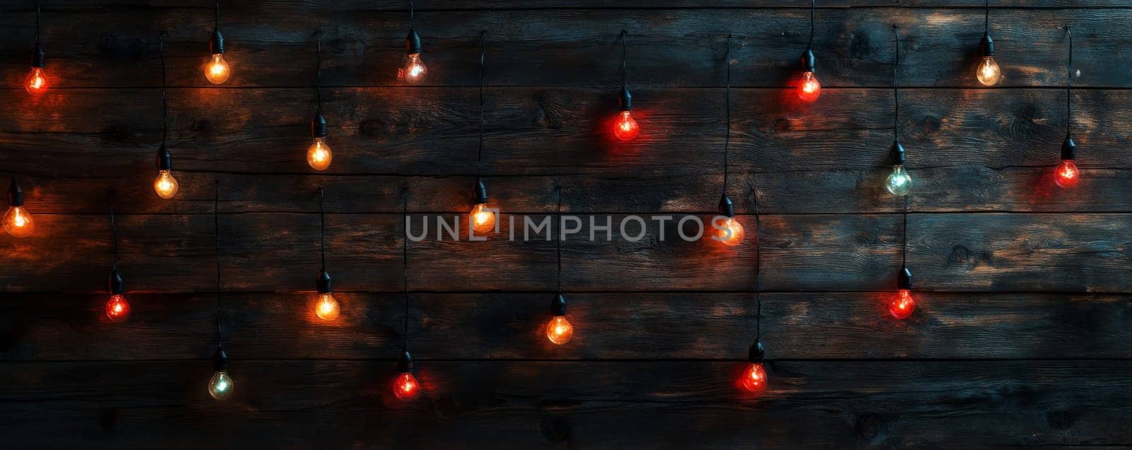 String lights hanging on dark wooden wall, warm ambiance. Cozy atmosphere and rustic decor concept.
