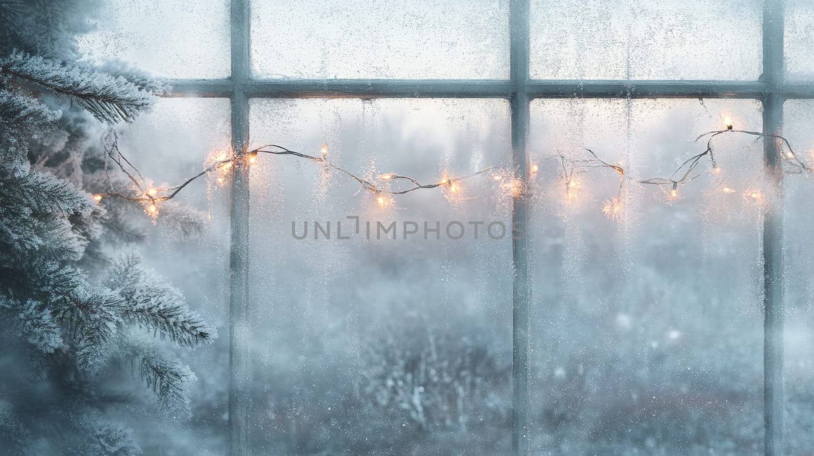 Frosty window with string lights and snowy branch, winter holiday ambiance. Cozy and festive atmosphere concept.