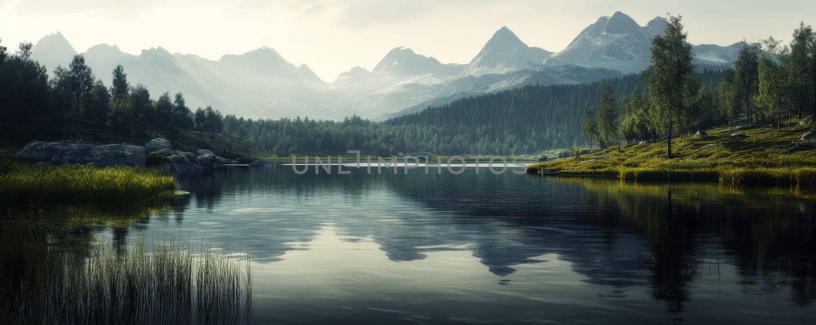 Serene mountain lake with forest and distant peaks at dawn, tranquil nature scenery concept.