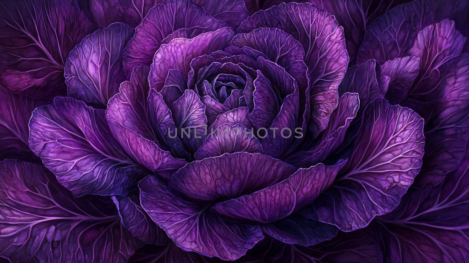 Purple cabbage close-up with intricate leaf details, botanical concept.