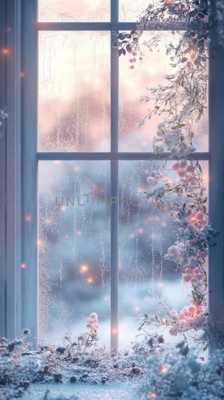 Frosty window with pink flowers and wintery view, serene winter morning concept.