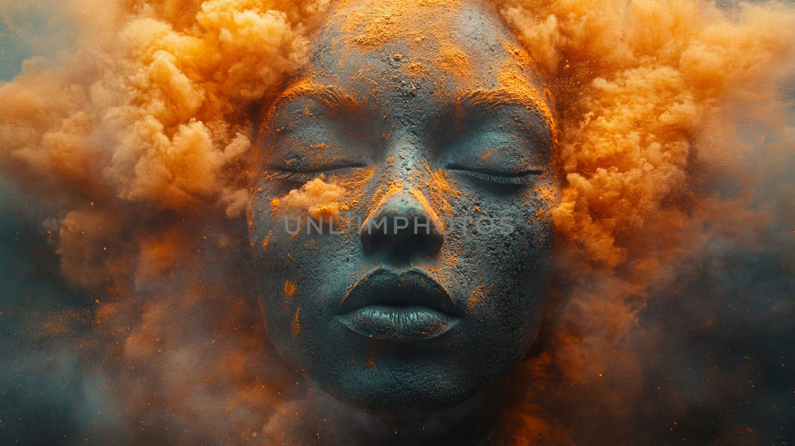 Abstract sculpture of a woman with closed eyes and colorful powder explosion, artistic expression concept.
