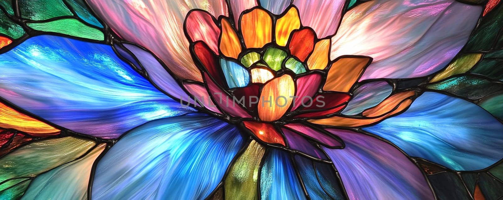 Stained glass flower in vibrant colors, abstract art. Creativity and design concept.