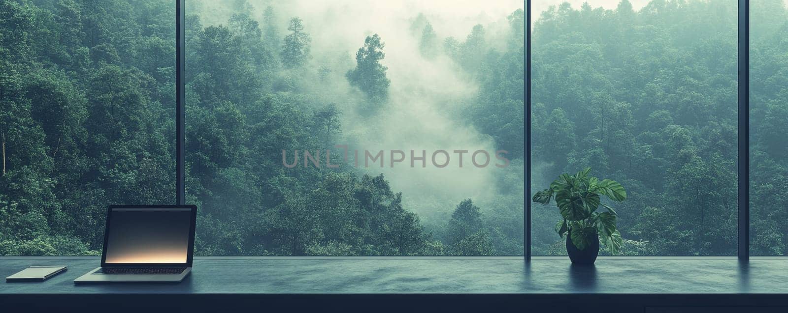 Modern workspace with laptop overlooking misty forest.