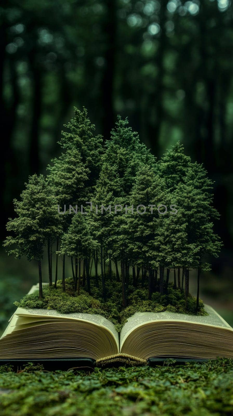 Open book with miniature forest growing from pages, imaginative nature concept.