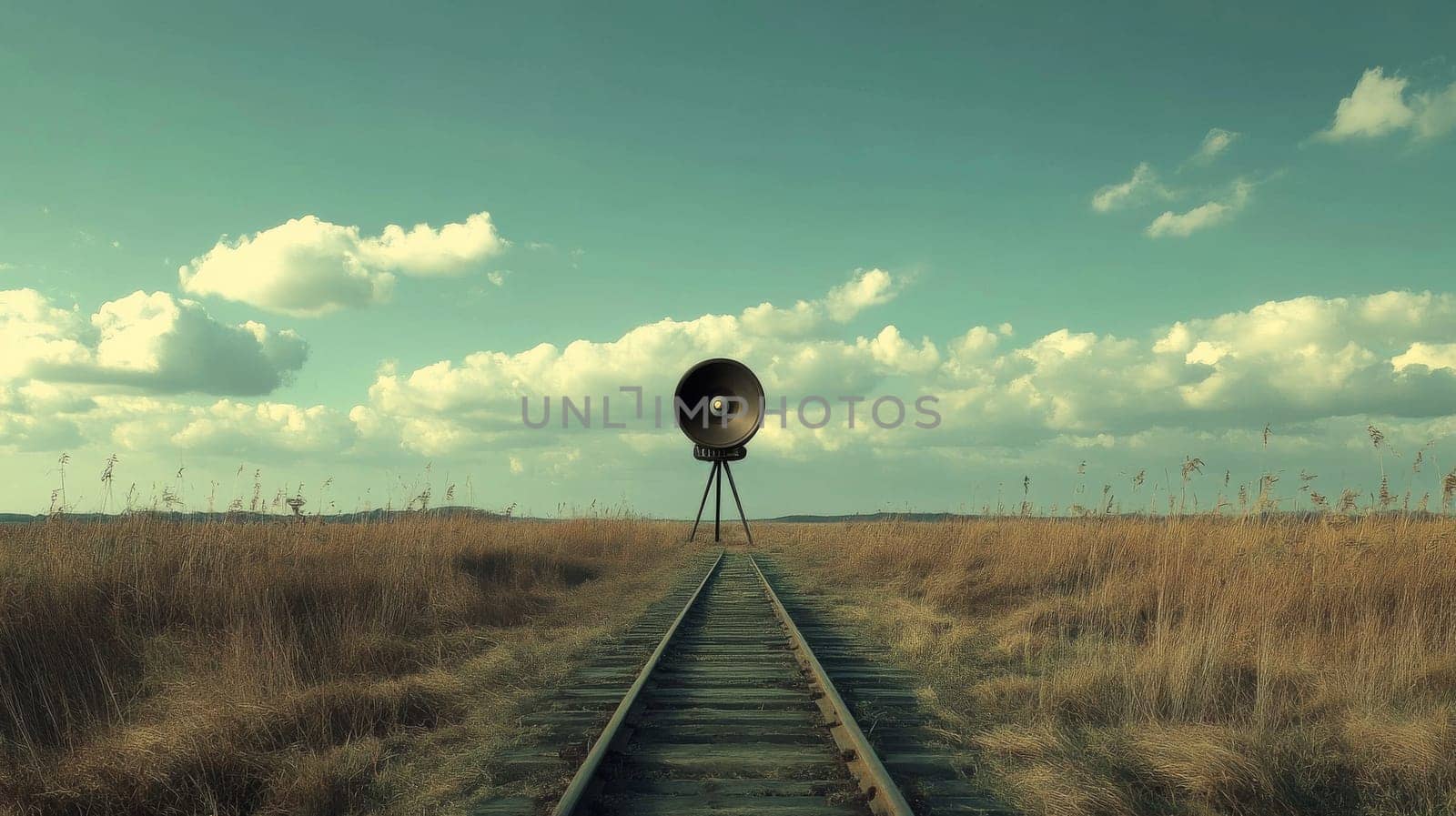 surreal landscape with giant speaker on abandoned railway in open field, conceptual art.