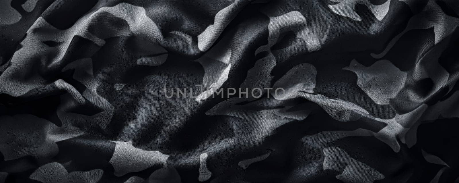 Black and gray camouflage fabric texture close-up, abstract pattern. Military and fashion concept.