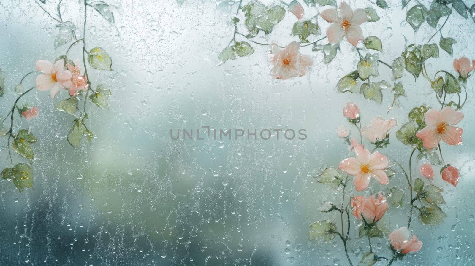 Raindrops on window with pink flowers, calming nature view. Serenity and tranquility concept.
