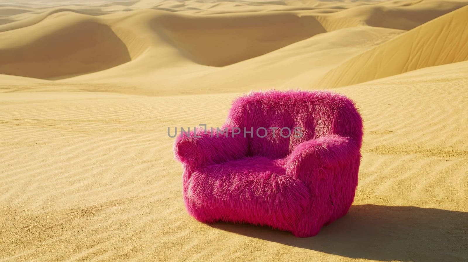 Pink fluffy chair in the desert, surreal art concept.