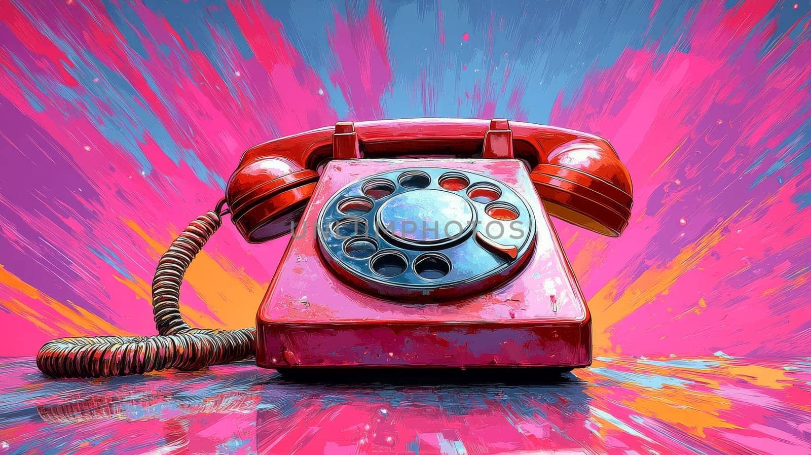 Red vintage rotary dial telephone against colorful abstract background. Retro communication and nostalgia concept.