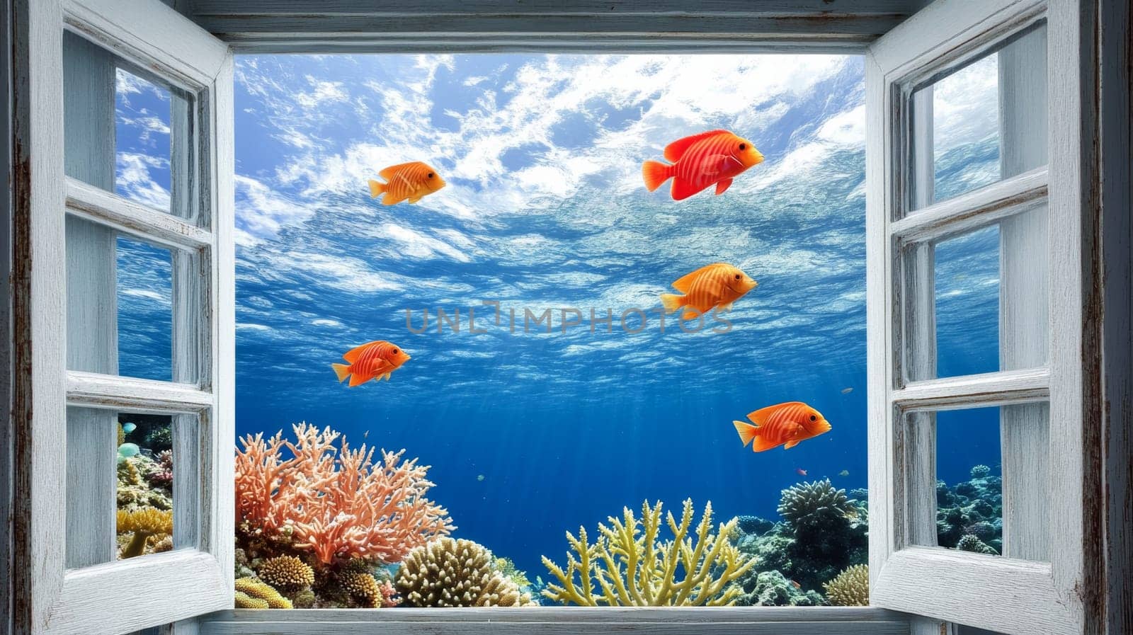 Underwater view through open window with tropical fish and coral reefs, ocean tranquility concept.