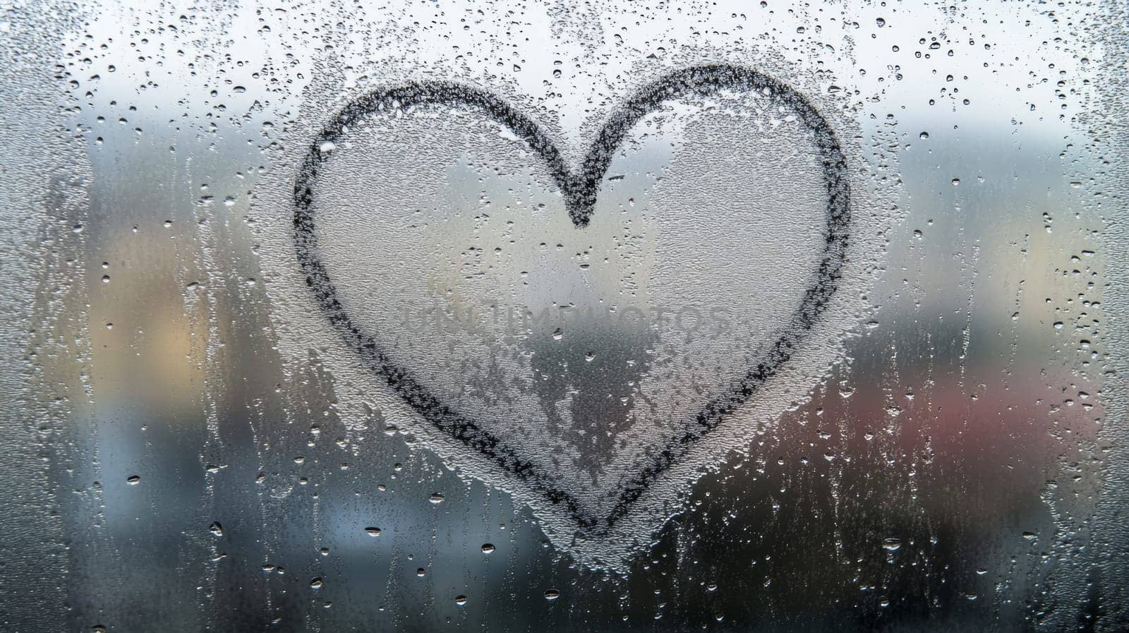 Heart shape drawn on foggy window, rainy day. Love and romance concept.