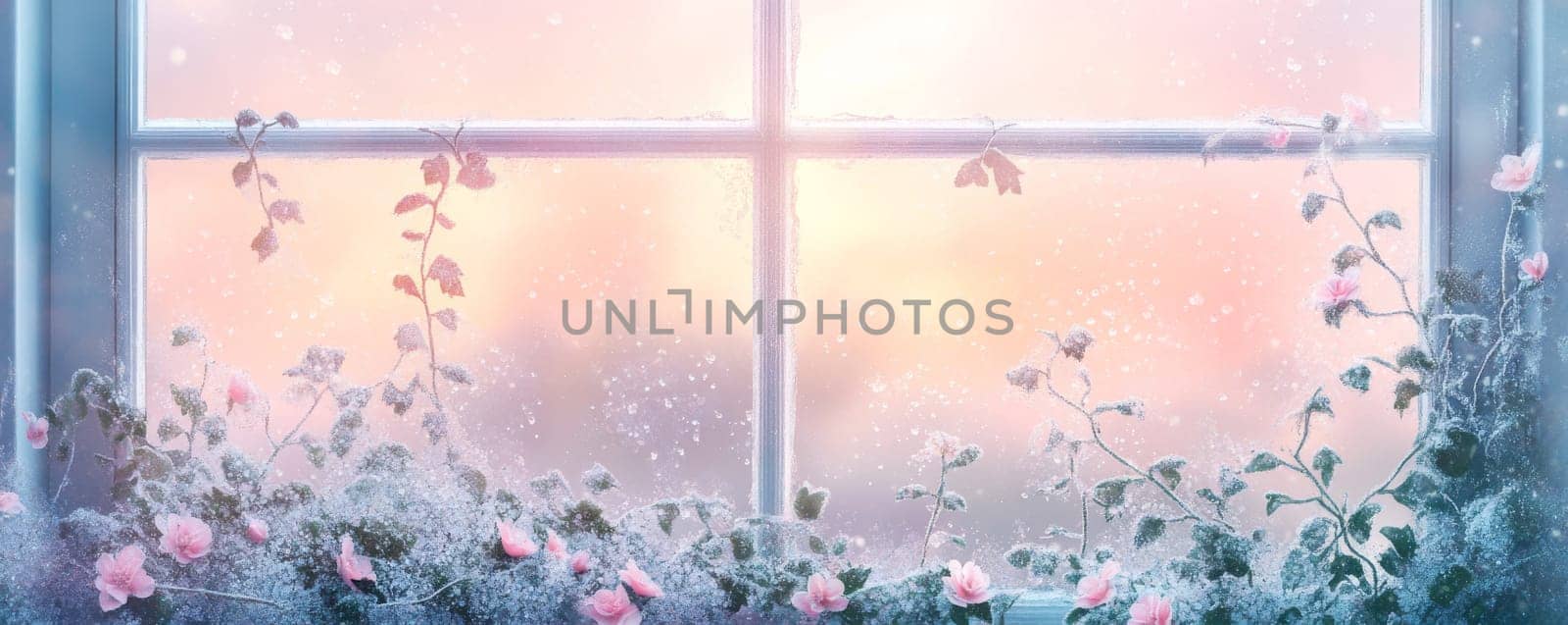 Frosted window with blooming flowers, winter sunrise view. Serene nature and tranquility concept.