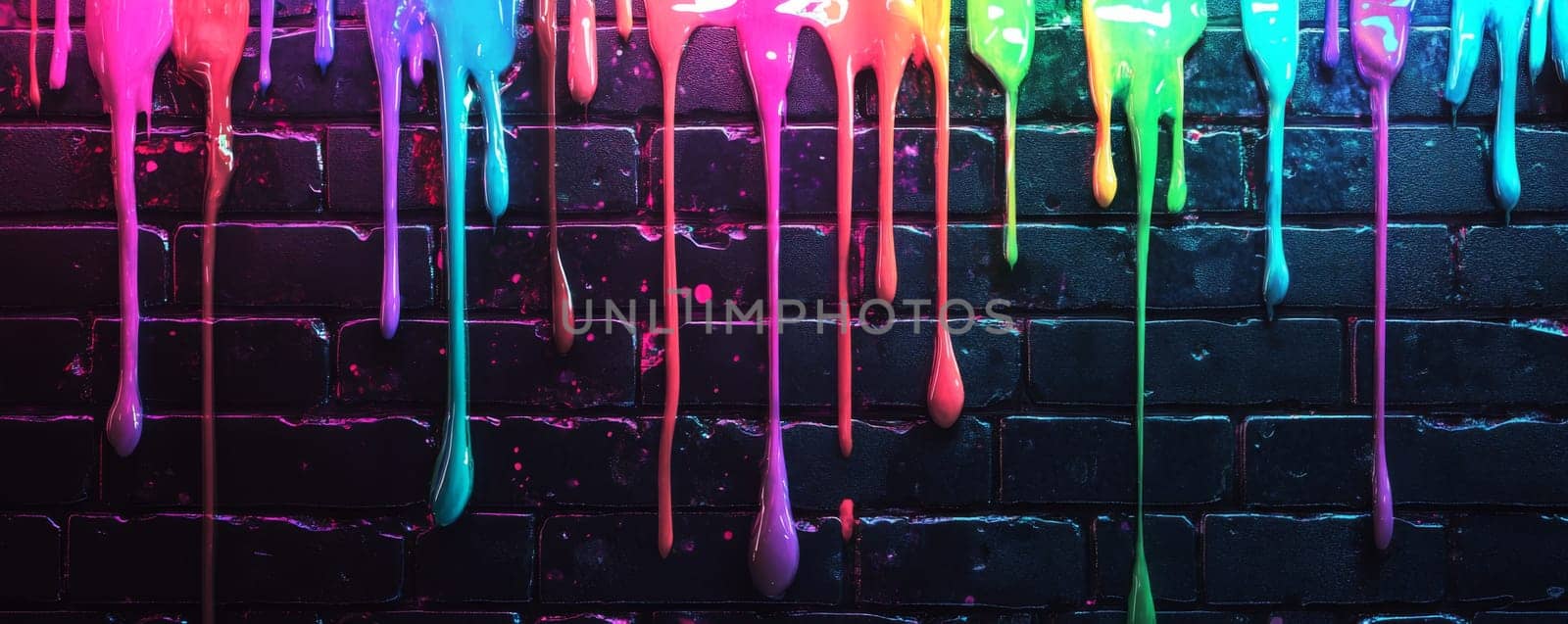 Colorful paint drips on a black brick wall.
