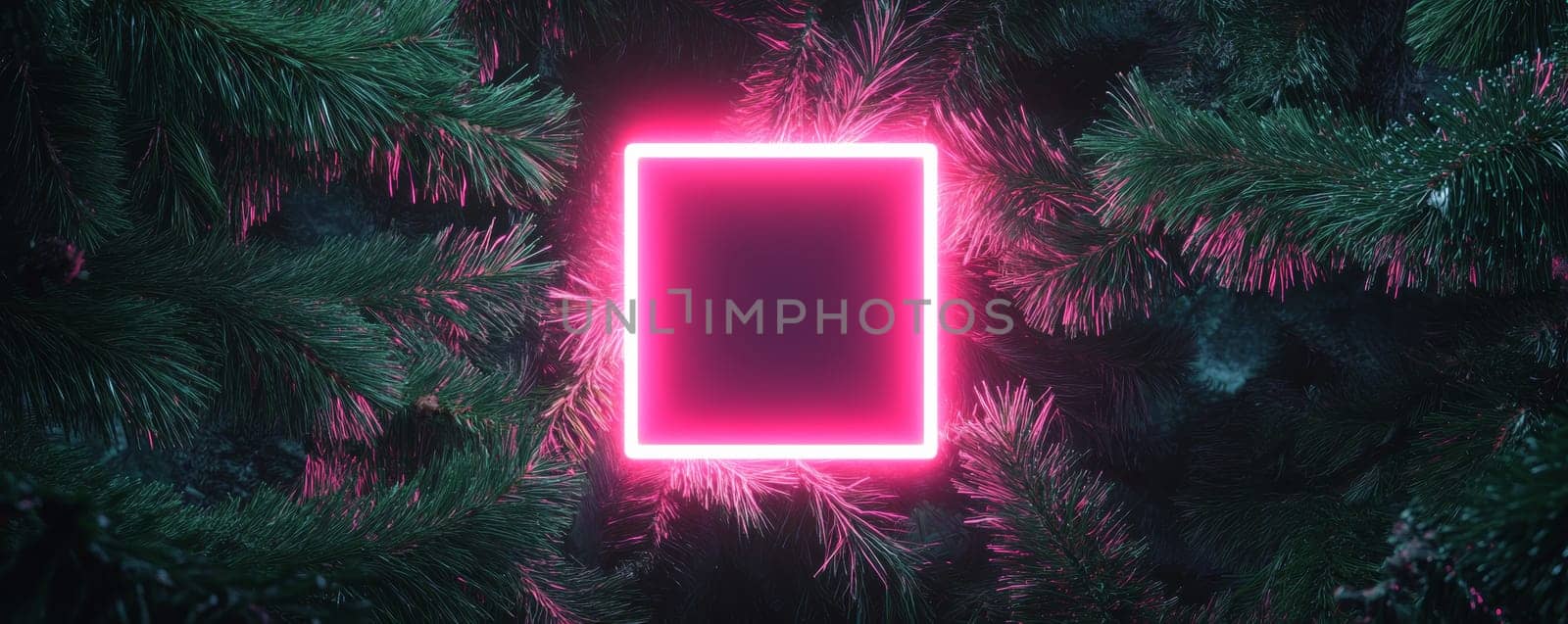 Glowing neon square frame surrounded by pine branches, abstract nature concept.