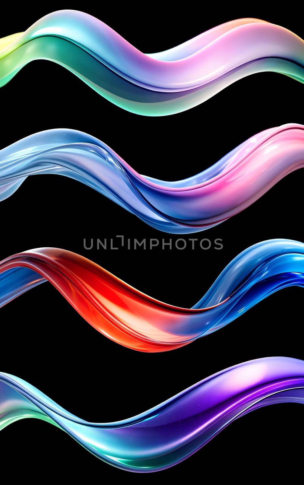Dynamic and colorful wavy patterns ripple across a black background, creating an engaging visual display of fluid shapes and vibrant hues in a contemporary style.