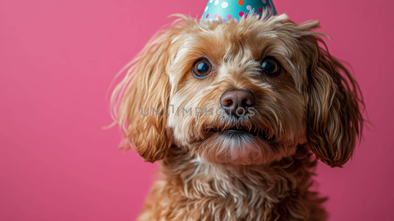 Dog wearing birthday party hat against pink background, celebration concept.