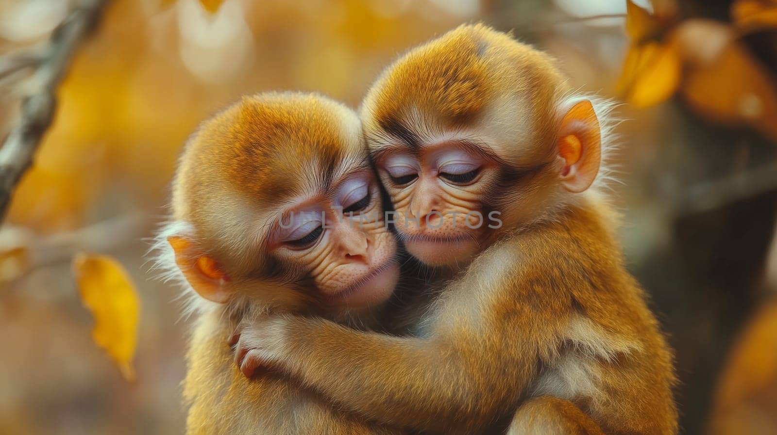 Two baby monkeys hugging in autumn foliage.