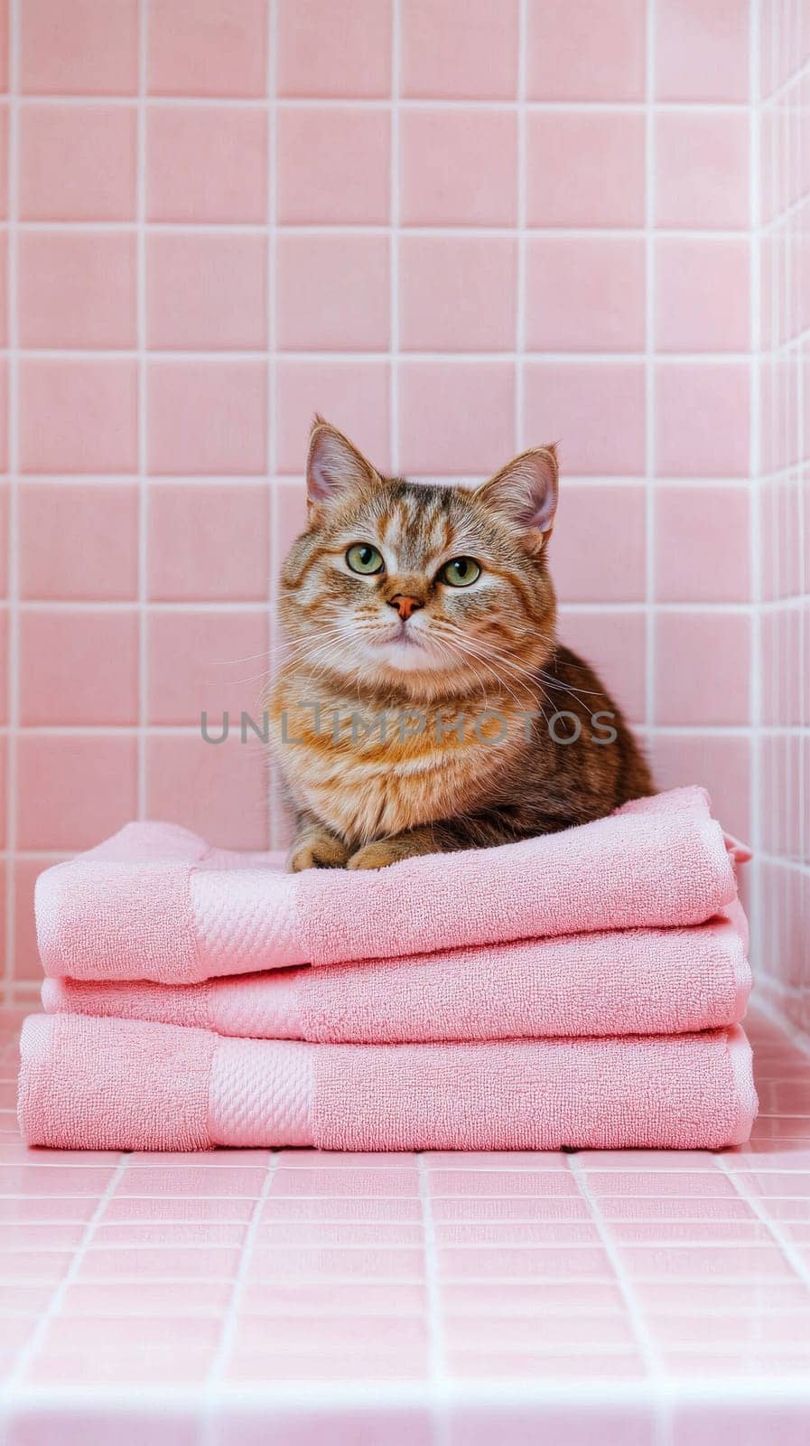Cat sitting on pink towels in tiled bathroom.