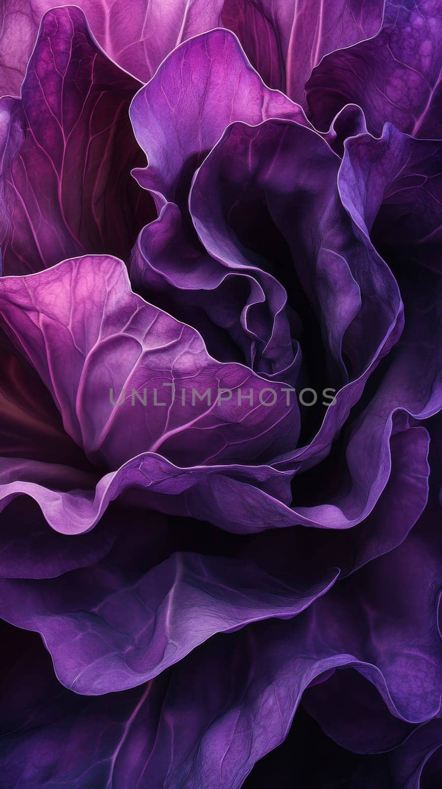 Close-up of purple cabbage leaves with intricate details, abstract nature concept.