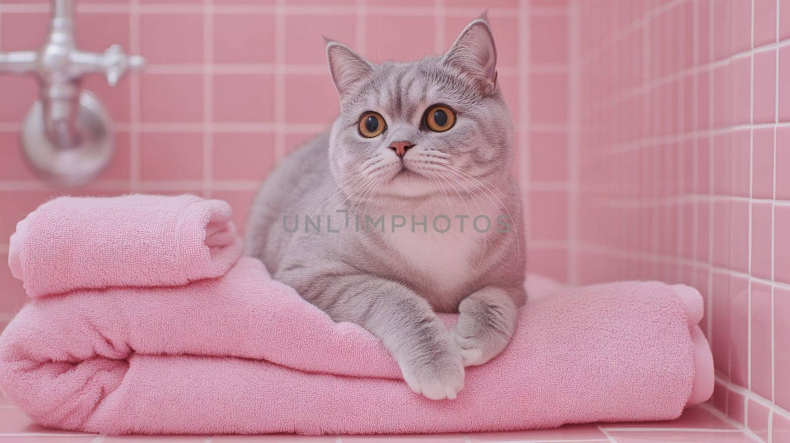 Gray cat resting on pink towels in tiled bathroom. Cozy domestic pet portrait concept.
