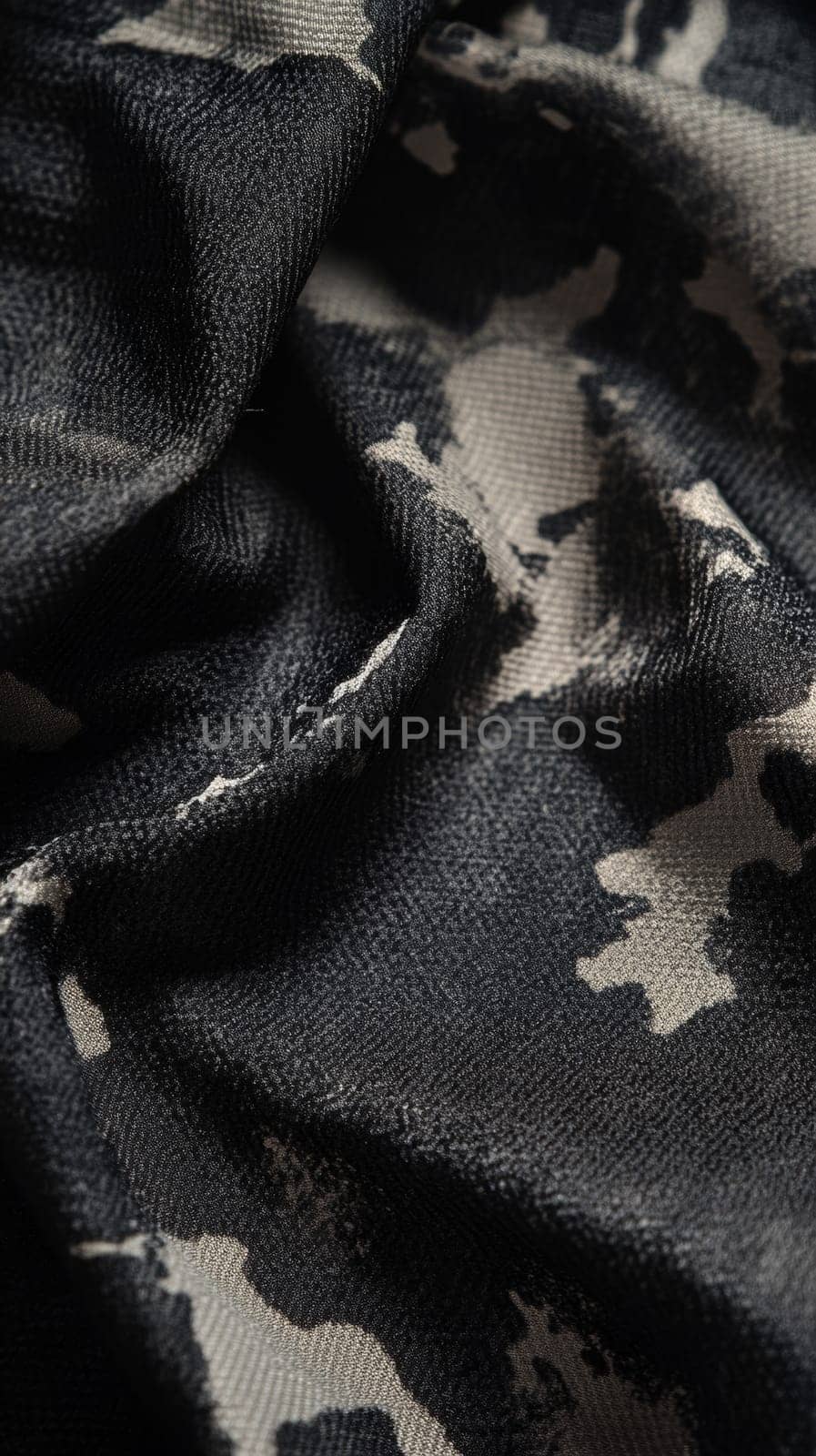 Detailed close-up of black and grey camouflage fabric, textile texture concept.