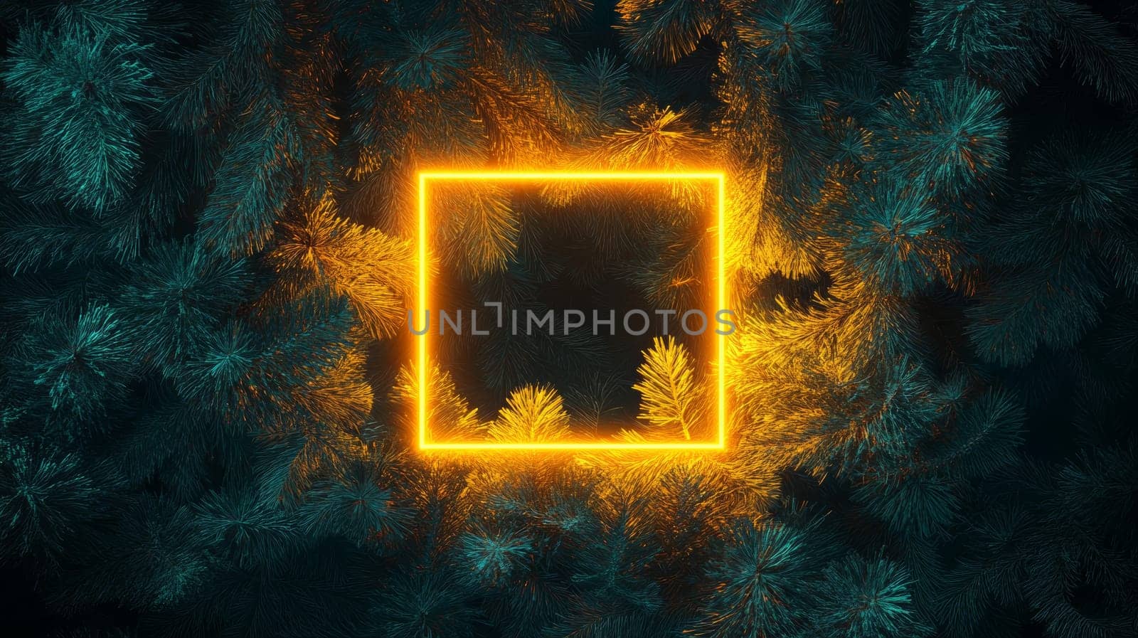 Glowing yellow square frame surrounded by pine branches, abstract nature concept.