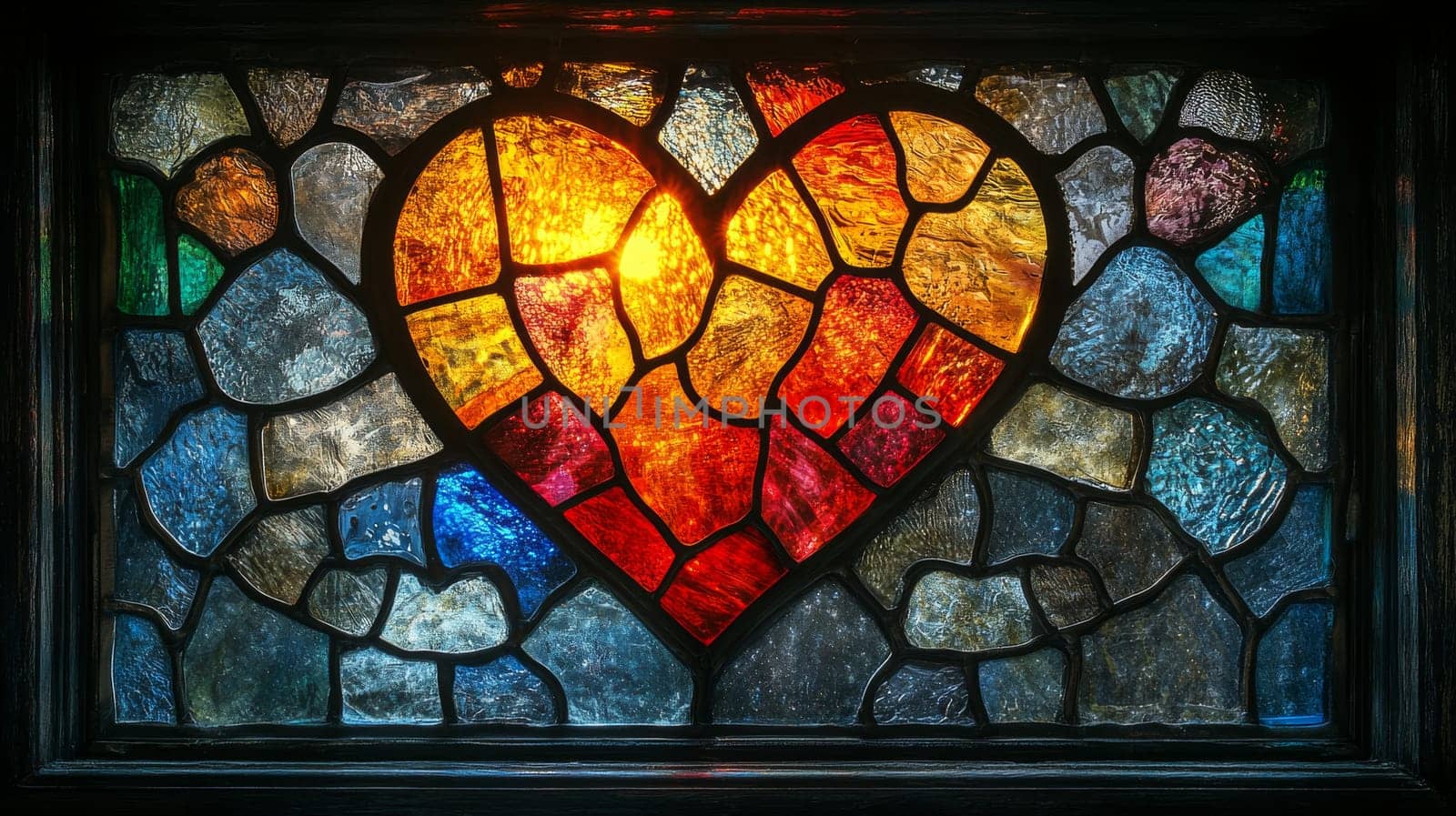 Stained glass heart with vibrant colors and textured details, artistic craftsmanship concept.