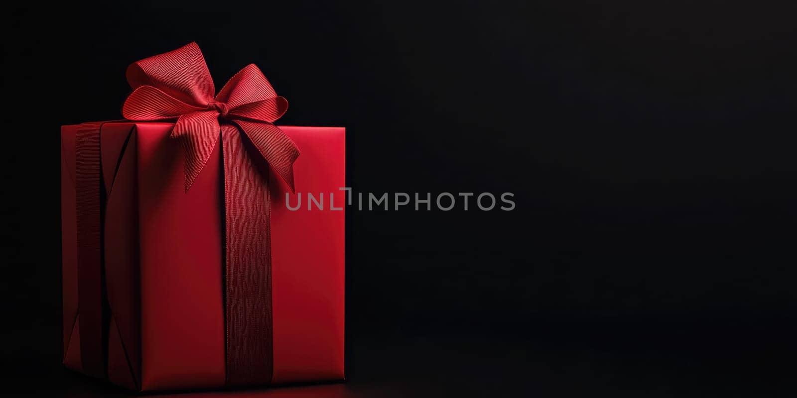 A red gift box with an elegant ribbon sits in a dark setting, symbolizing anticipation and joy for upcoming celebrations and surprises.