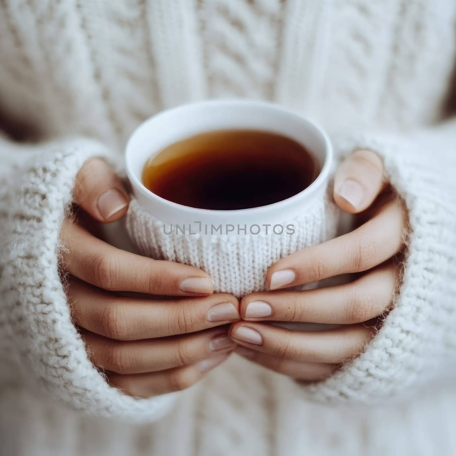 Cozy hands cradle a steaming cup of tea, wrapped in a soft sweater, evoking warmth and comfort on a chilly afternoon indoors.