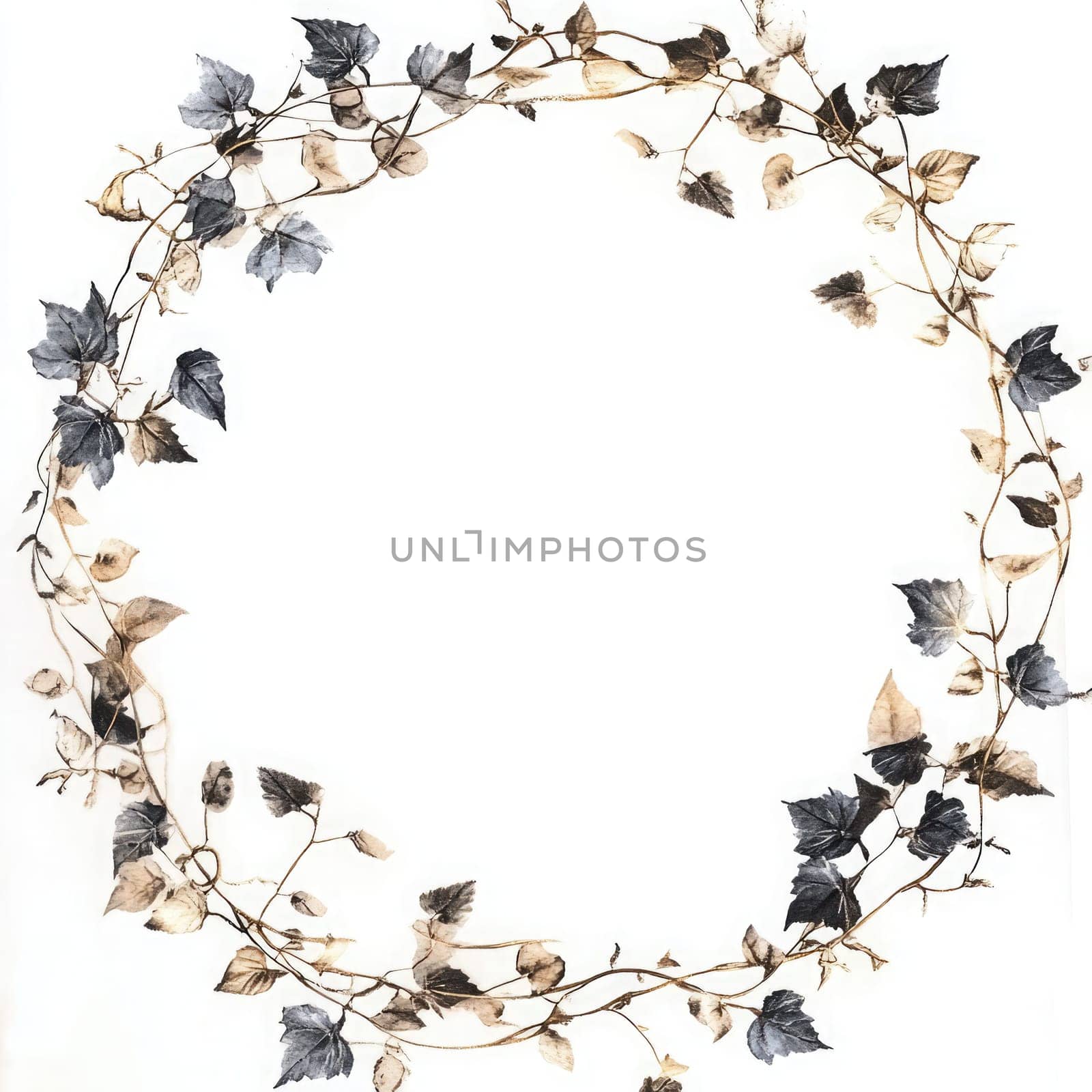 Dried ivy leaves in various shades form a delicate circle on a white background, highlighting the intricate details of nature’s design during the fall season.