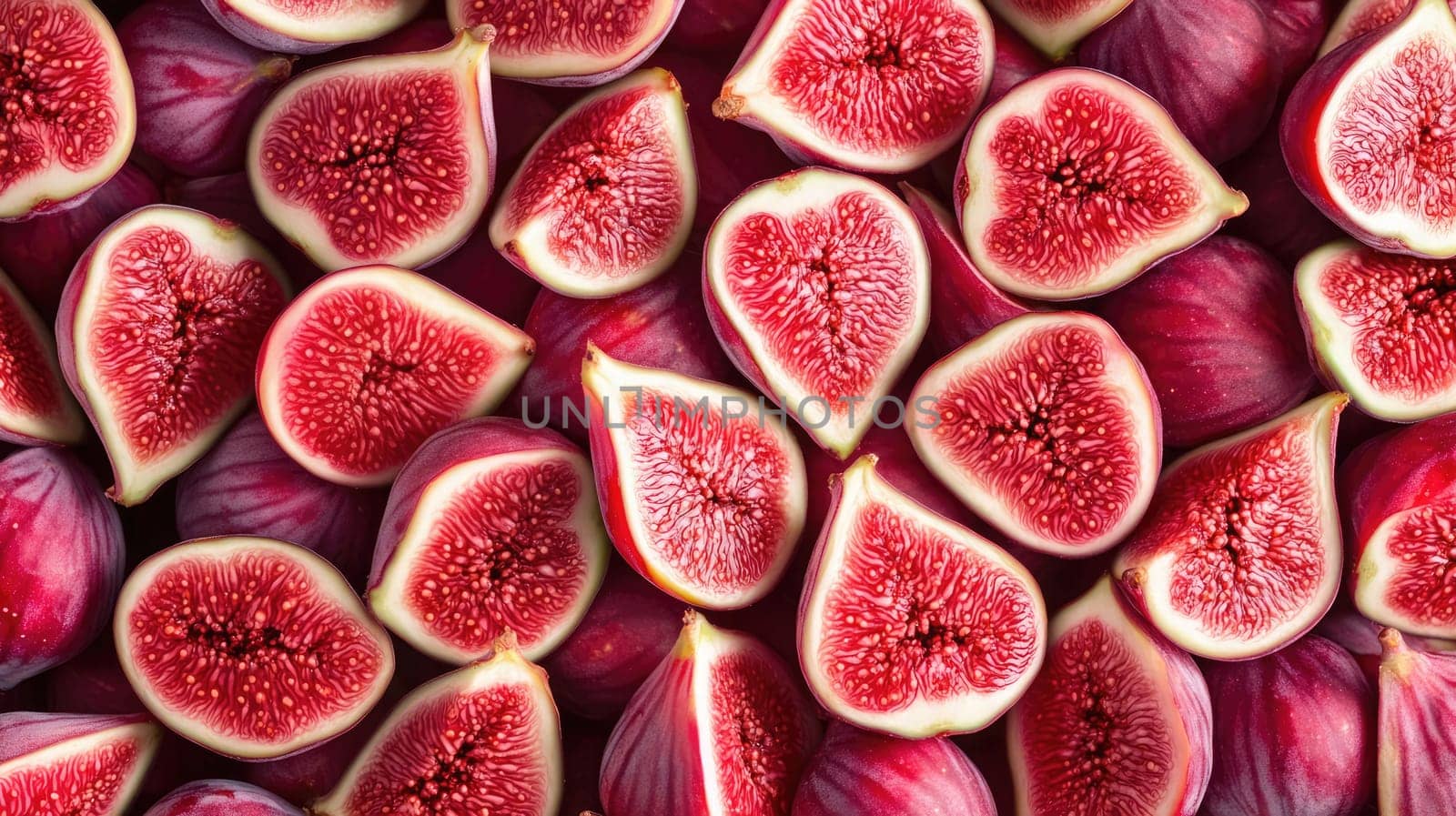 A variety of freshly sliced figs showcases their vivid pink flesh and intricate seed patterns. The arrangement reveals the fruit's texture and freshness, inviting a closer look.